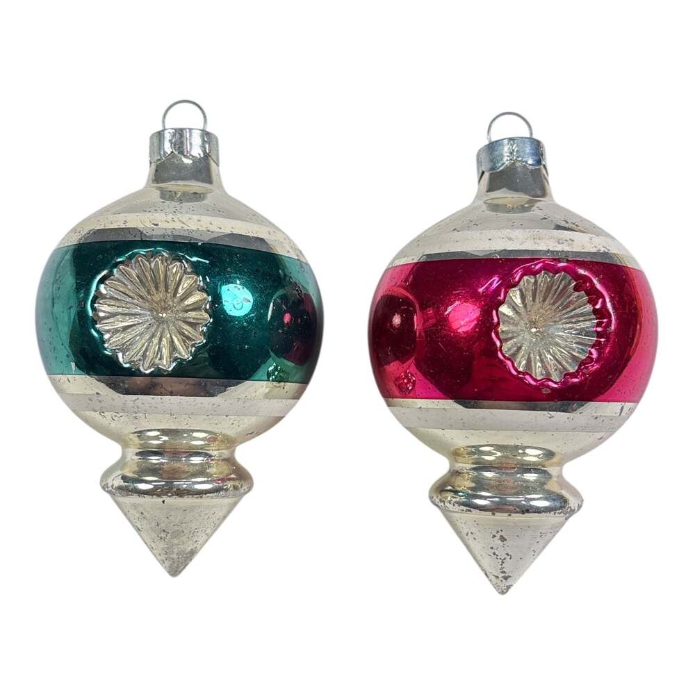 2 Vtg Corning Shiny Brite Mercury Glass Double Indent Lantern Christmas Ornament